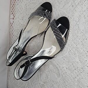 David Tate Flamingo peep toe sling back clear black rhinestone heels sz 10